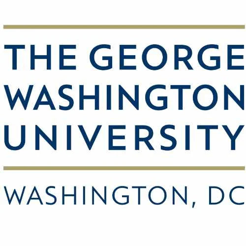 Logo of The George Washington University. The text is in uppercase, with The George Washington University above and Washington, DC below, separated by a thin line. The lettering is in dark blue on a white background.