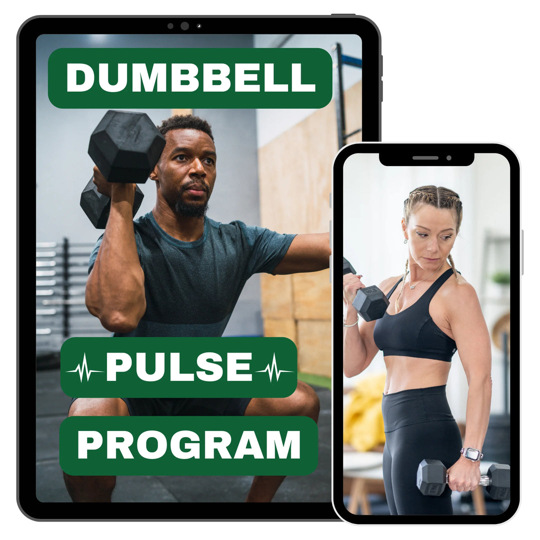 A tablet and a smartphone display: on the tablet, a man lifting a dumbbell, labeled Dumbbell Pulse Program. On the smartphone, a woman holding a dumbbell, wearing workout attire. Both are in gym environments.