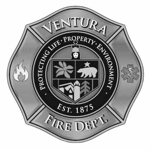 Logo of the Ventura Fire Department featuring a firefighters helmet emblem. It includes symbols like a flame, a cross, and visuals of a bear and building. The text reads Protecting Life • Property • Environment and Est. 1875.