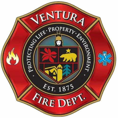 Logo of Ventura Fire Dept. featuring a red and gold maltese cross. Center shows a shield with symbols, including a bear and tree. Text reads Protecting Life, Property, Environment and Est. 1875. Icons for flames and medical services on sides.