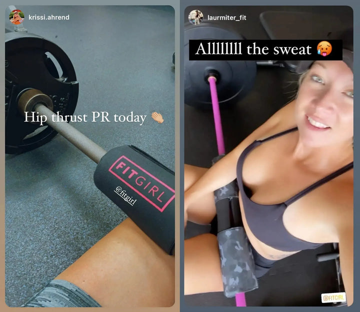 Left image: FITGIRL Squat & Hip Thrust Barbell Pad on a gym floor, ready for todays PR. Right image: Woman in a black sports bra and shorts, ideal for fitness enthusiasts, cooling down on equipment. Text reads Allllllll the sweat with a flushed emoji.