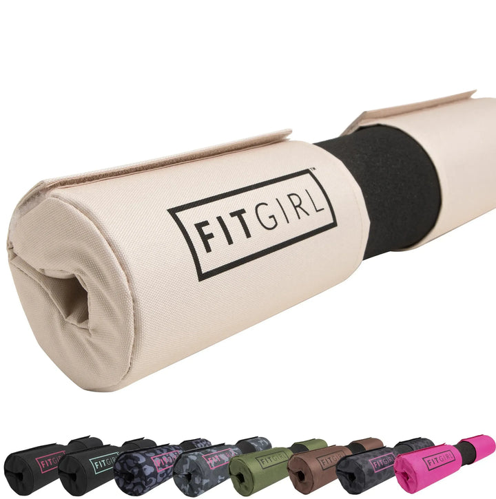 The FITGIRL Squat & Hip Thrust Barbell Pad, designed for women, features thick foam cushioning with a beige exterior and black interior. It secures with hook and loop closures and is available in colors like black, camo, pink, olive green, and brown.