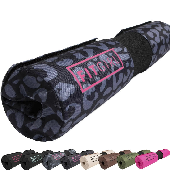 A animal print - patterned FITGIRL Squat & Hip Thrust Barbell Pad features a central black groove and FITGIRL branding, with thick foam cushioning specifically designed for women.