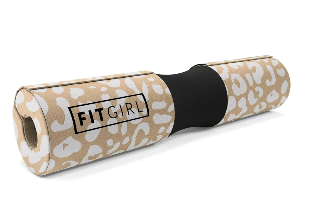 A camouflage-patterned FITGIRL Squat & Hip Thrust Barbell Pad features a central black groove and FITGIRL branding, with thick foam cushioning specifically designed for women.