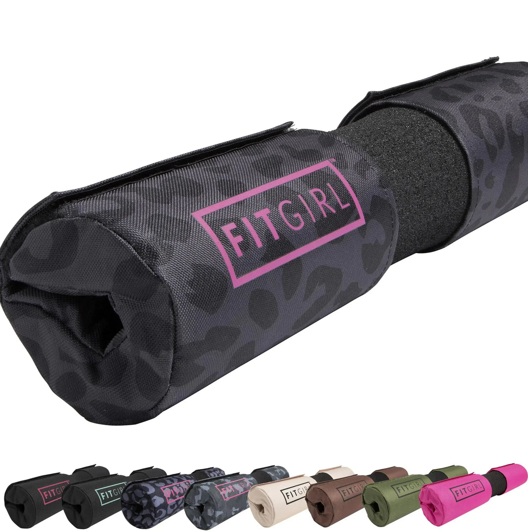 Close-up of the FITGIRL Squat & Hip Thrust Barbell Pad in a leopard print with pink logo, designed for women. Rolled to show thick foam cushioning, its ideal for comfort. Below are images highlighting various colors and patterns available for these stylish barbell pads by FITGIRL.