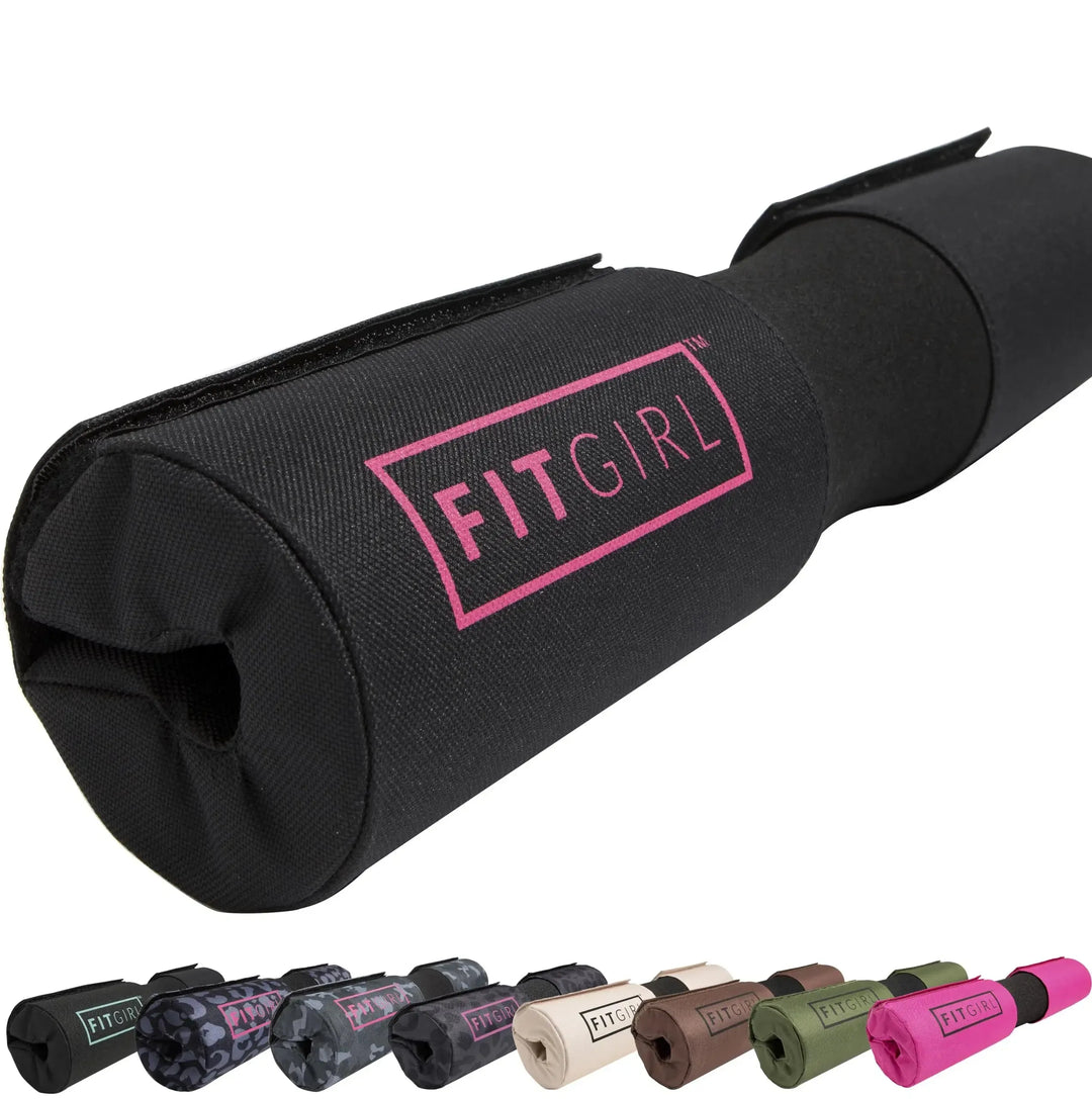 Close-up of the FITGIRL Squat & Hip Thrust Barbell Pad with thick foam cushioning and a pink FITGIRL logo. Smaller images show this womens pad in various colors: camo, pink, black, beige, and olive green.
