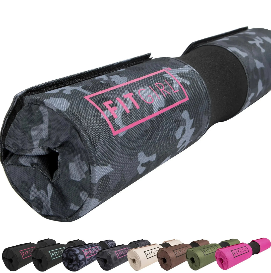 A rolled-up FITGIRL Squat & Hip Thrust Barbell Pad features a camouflage design and pink Fit Girl text, showcasing thick foam cushioning for women. Below are smaller images of similar pads in black, leopard print, brown, and green.