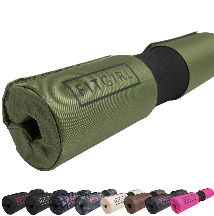 A close-up of the FITGIRL Squat & Hip Thrust Barbell Pad shows its thick foam cushioning, crafted for women. Smaller images display its colors: black, pink, camo, tan, gray, and maroon.
