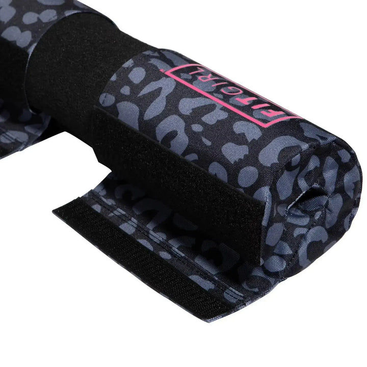 Close-up of a leopard print  FITGIRL Squat & Hip Thrust Barbell Pad features thick foam cushioning.