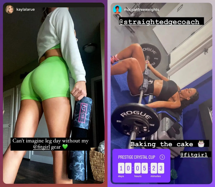 Left: Person in green shorts with a drink by window, overlay text says leg day and FITGIRL Squat & Hip Thrust Barbell Pad. Right: Person performs hip thrusts using thick foam cushioning, overlay text states Baking the cake. Countdown timer reads 10 days, 5 hours, 23 minutes.