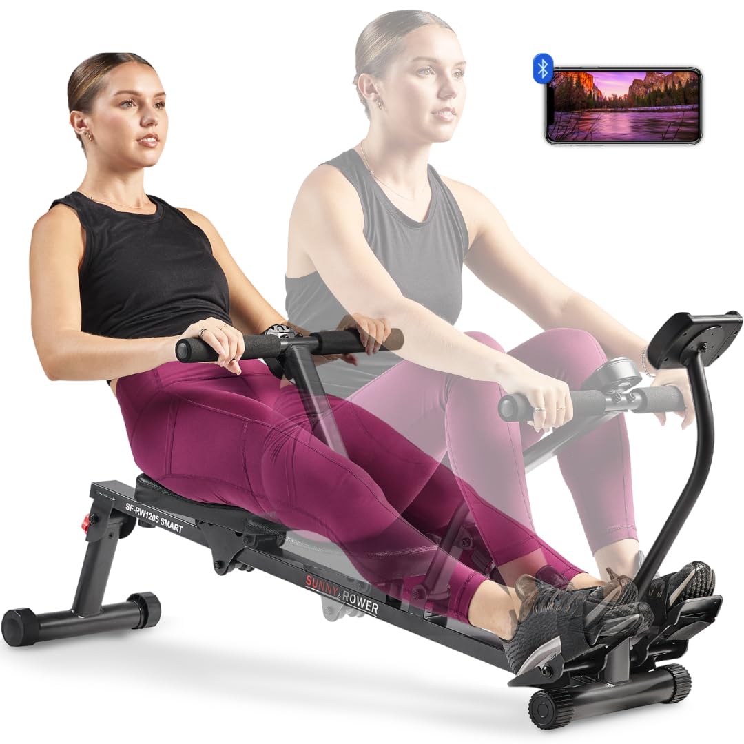 A woman exercises on a rowing machine, wearing a black tank top and magenta leggings. A smartphone is mounted in front of her, displaying a scenic image. A transparent overlay shows the rowing motion.