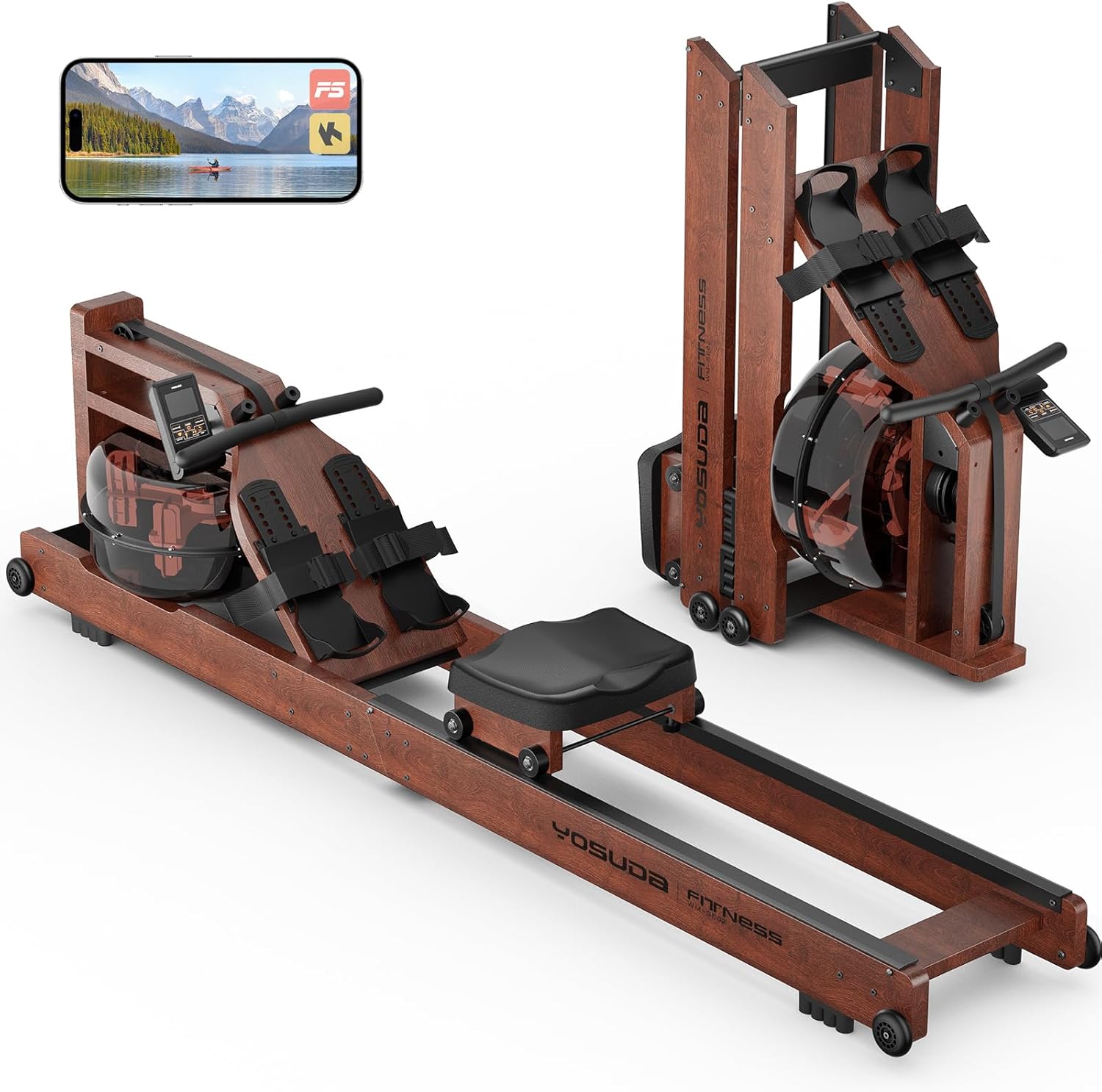 A wooden rowing machine with a water resistance flywheel, digital display, and foot straps is shown both in use and upright for storage. A screen shows a scenic nature view.