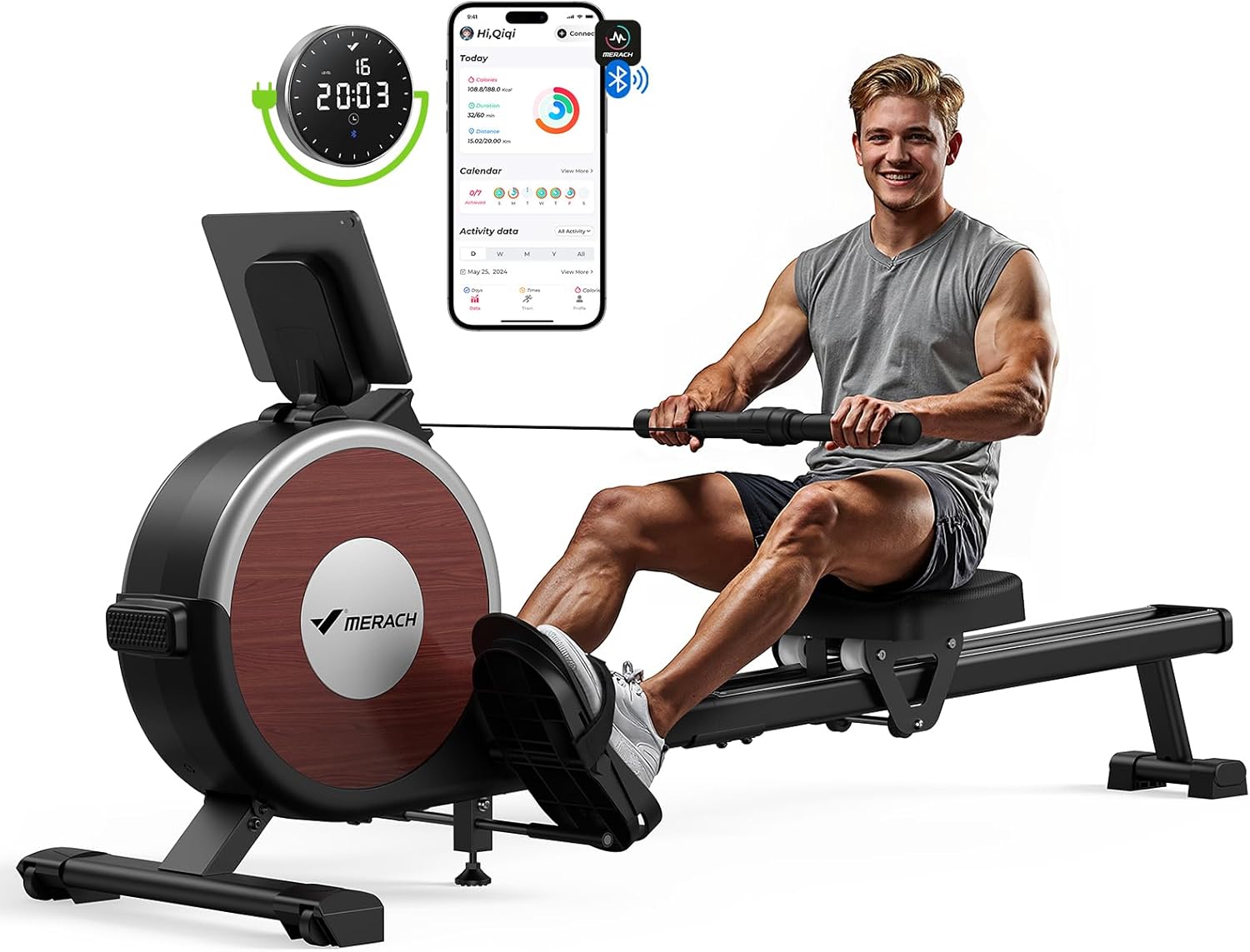 A man in athletic wear uses a rowing machine. Nearby, a smartwatch and a smartphone display workout metrics and fitness data, showing integration with the rowing machine.