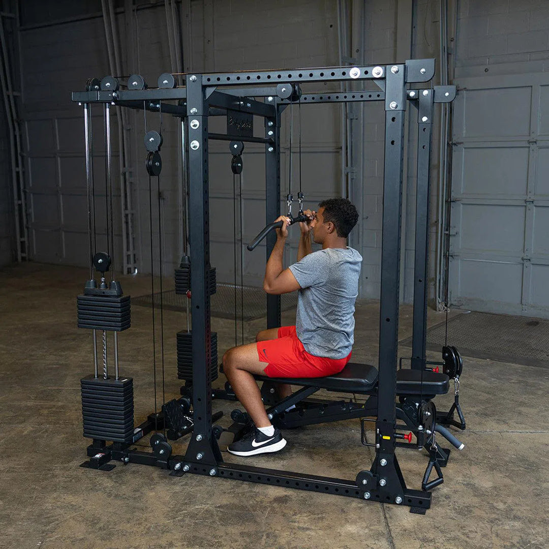 man lat pulldown workout on cable crossover with bench