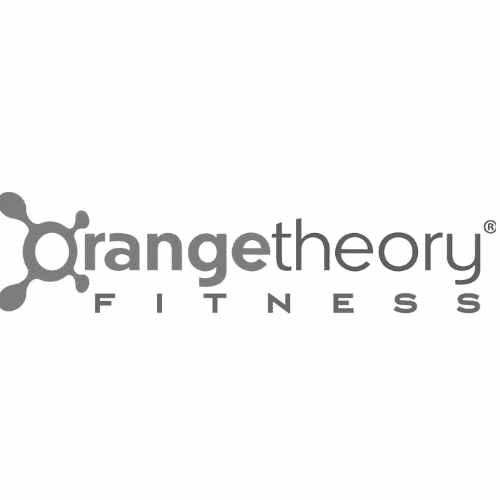 The image shows the Orangetheory Fitness logo, featuring stylized text with Orangetheory in lowercase and FITNESS in uppercase below. An abstract orange design resembling molecules is on the left.