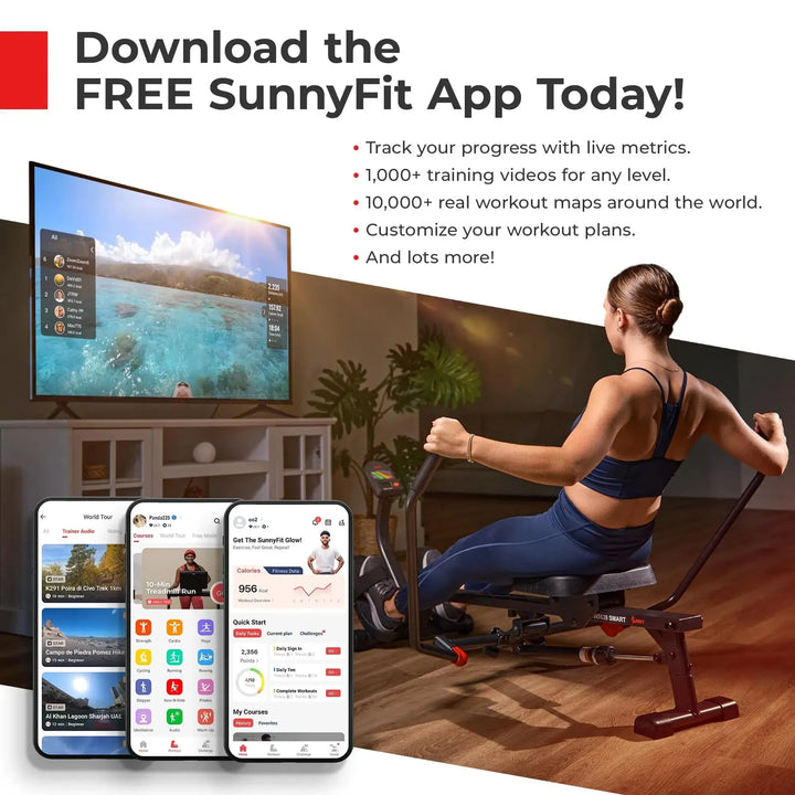 A woman uses a Sunny Health & Fitness Premium Folding Treadmill while watching a scenic workout on her TV via the SunnyFit App. The app, shown on three phone screens, provides live metrics, training videos, and workout maps for a personalized fitness experience.