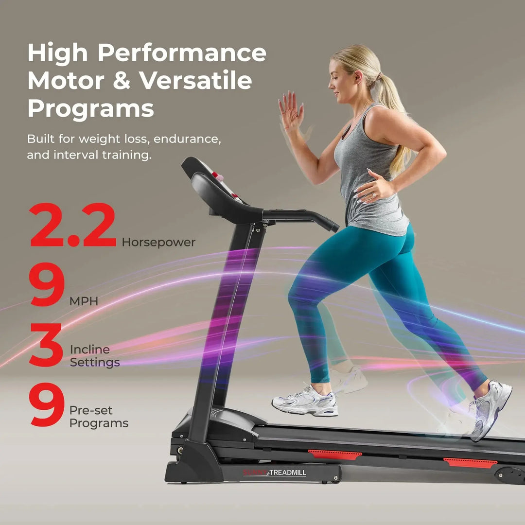 A determined woman runs on the Sunny Health & Fitness Premium Folding Treadmill, featuring a 2.2 HP motor and 9 pre-set programs. Reach fitness goals with speeds up to 9 MPH and three incline settings, ideal for weight loss, endurance, and HIIT.