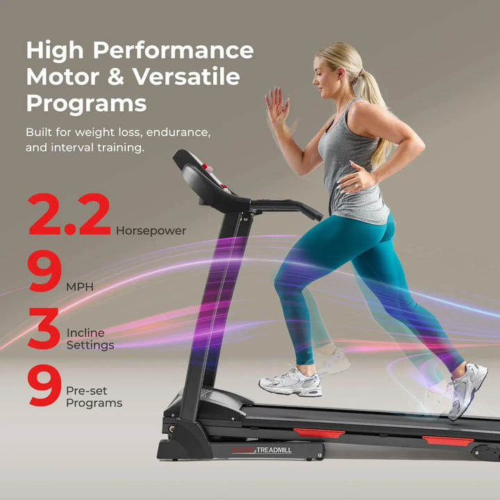 A determined woman runs on the Sunny Health & Fitness Premium Folding Treadmill, featuring a 2.2 HP motor and 9 pre-set programs. Reach fitness goals with speeds up to 9 MPH and three incline settings, ideal for weight loss, endurance, and HIIT.