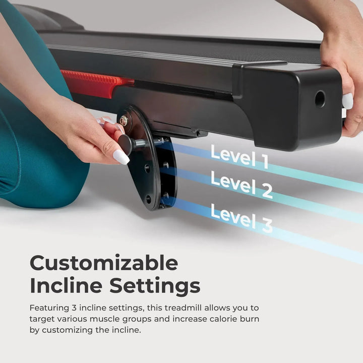 With the Sunny Health & Fitness Premium Folding Treadmill, adjust the incline to levels 1, 2, or 3 using a round dial. Customizable Incline Settings text reads: Choose from 3 incline options to target different muscle groups and enhance your workout by boosting calorie burn.