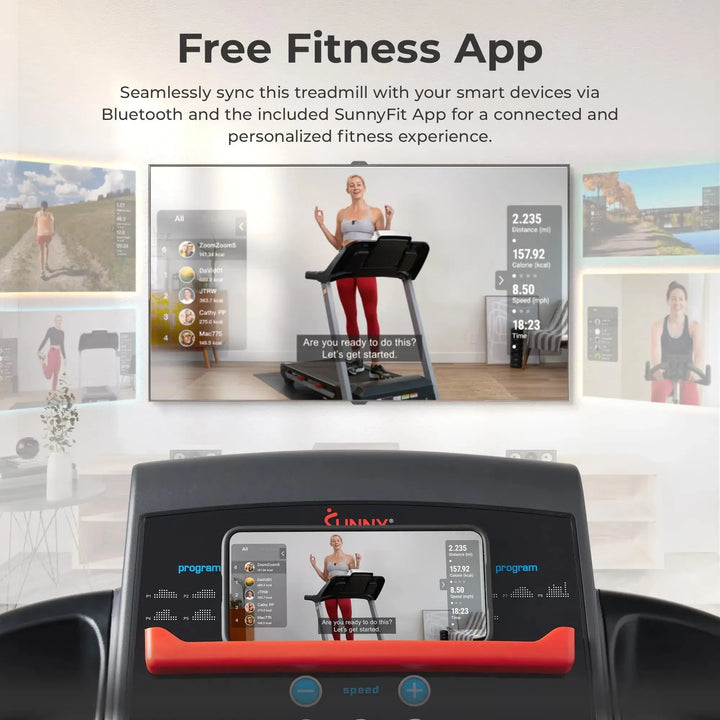 An ad for the Sunny Health & Fitness Premium Folding Treadmill features a person running as workout stats like distance, calories, and time are displayed. Dynamic visuals showcase seamless connectivity with smart devices for an enhanced fitness journey.