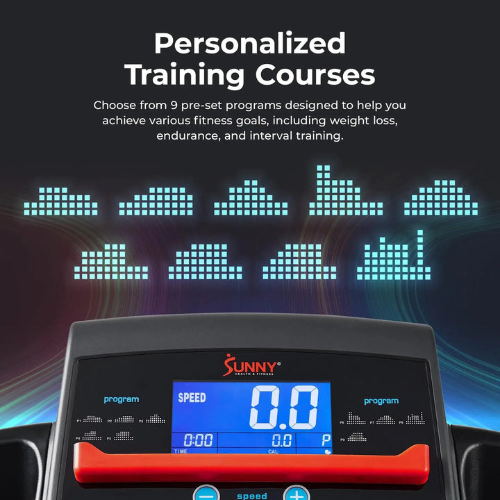 The Sunny Health & Fitness Premium Folding Treadmill features a digital interface offering Personalized Training Courses with 9 pre-set programs for goals like weight loss and endurance, appealing to fitness enthusiasts with its engaging design and tailored options.