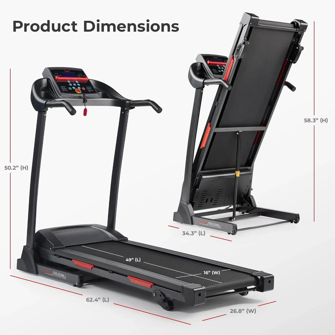 Image of the Sunny Health & Fitness Premium Folding Treadmill: versatile design for use or neat storage. Dimensions: 50.2 height, 49 length, 16 belt width, and 26.8 frame width; folds to a compact 58.3. Optimize your space with this innovative treadmill from Sunny Health & Fitness.