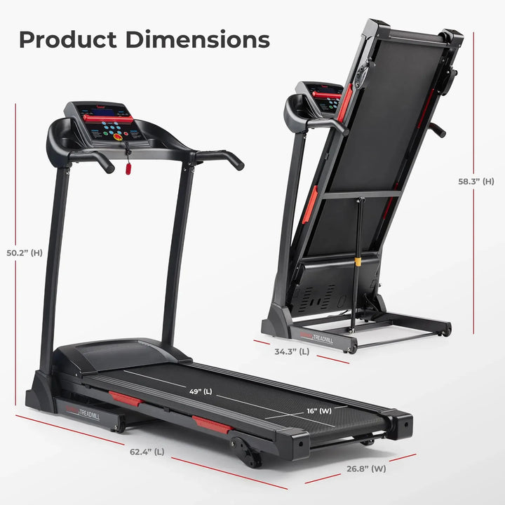 Image of the Sunny Health & Fitness Premium Folding Treadmill: versatile design for use or neat storage. Dimensions: 50.2 height, 49 length, 16 belt width, and 26.8 frame width; folds to a compact 58.3. Optimize your space with this innovative treadmill from Sunny Health & Fitness.
