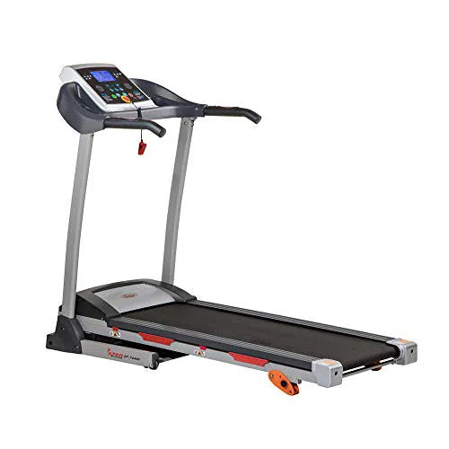 The Sunny Health & Fitness Premium Folding Treadmill features a digital display, control buttons, and handrails. It has a stylish black running belt with a foldable gray frame accented in orange, plus a safety key on a red string for secure workouts.