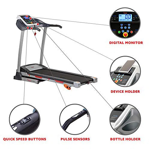 The image features the Sunny Health & Fitness Premium Folding Treadmill, highlighting its digital monitor, device and bottle holders, quick speed buttons, and pulse sensors. All features are marked with lines and circles for easy identification.