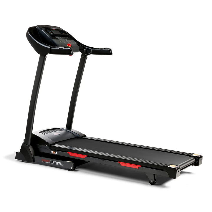 The Sunny Health & Fitness Premium Folding Treadmill features a digital display console, safety key, and two red accents beside the belt. It includes handlebars on each side, all set against a crisp white background for a modern touch.
