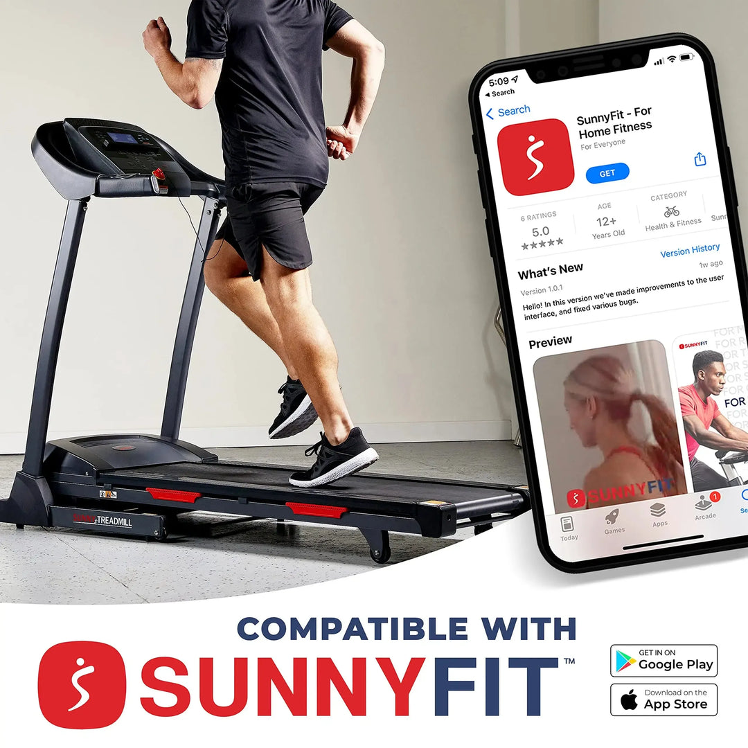 A person jogs on a Sunny Health & Fitness Premium Folding Treadmill beside a smartphone displaying the SunnyFit app with Compatible with SunnyFit prominently highlighted, alongside Google Play and App Store download badges, perfectly merging fitness and technology for a healthier life.