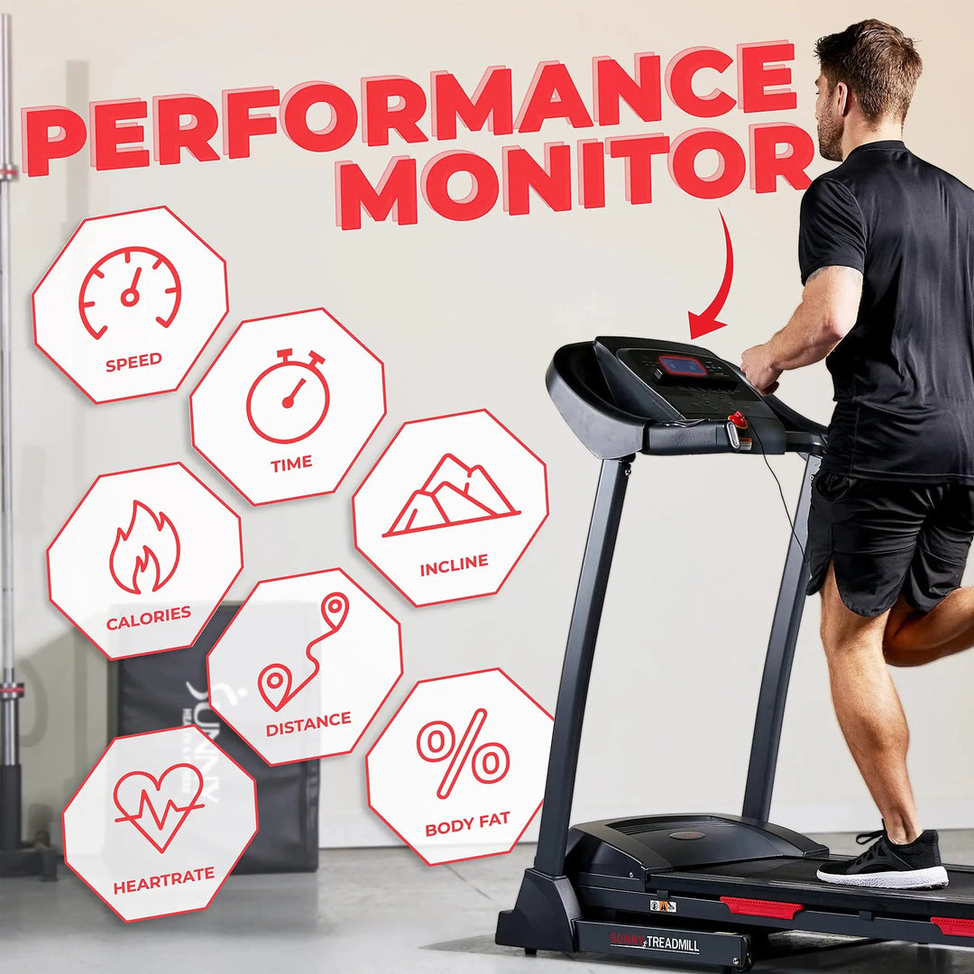 A user on the Sunny Health & Fitness Premium Folding Treadmill in a gym, with overlay icons for speed, time, and heart rate. Large text Performance Monitor at the top helps extract insights or SEO keywords.
