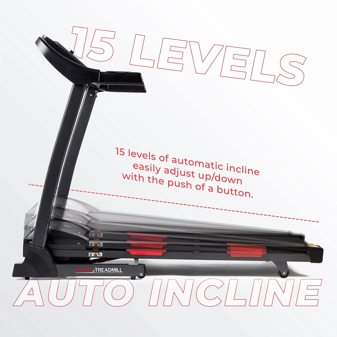 Side view of the Sunny Health & Fitness Premium Folding Treadmill with 15 Levels Auto Incline in striking red. The display features seamless, button-activated incline adjustment. Set against a minimalist white background, this emphasizes ease-of-use and precision.