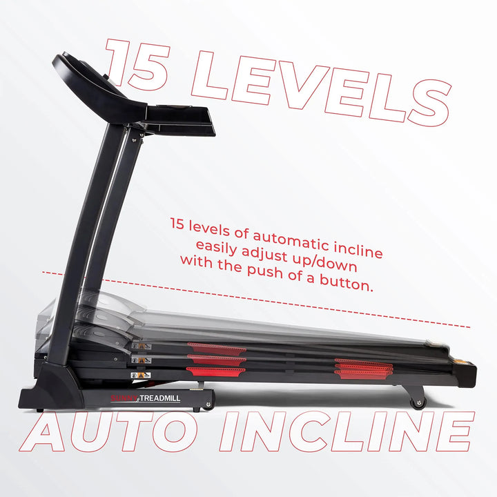 Side view of the Sunny Health & Fitness Premium Folding Treadmill with 15 Levels Auto Incline in striking red. The display features seamless, button-activated incline adjustment. Set against a minimalist white background, this emphasizes ease-of-use and precision.