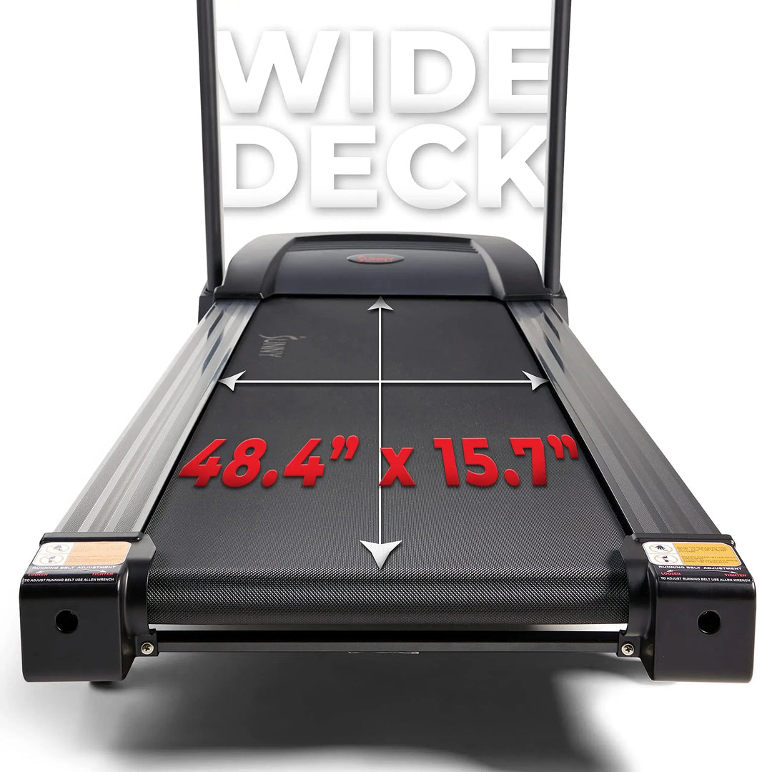 The Sunny Health & Fitness Premium Folding Treadmill features a sleek black running surface with 48.4 x 15.7 dimensions highlighted by white arrows and red text, and prominently displays WIDE DECK in large white letters to emphasize its spacious design.