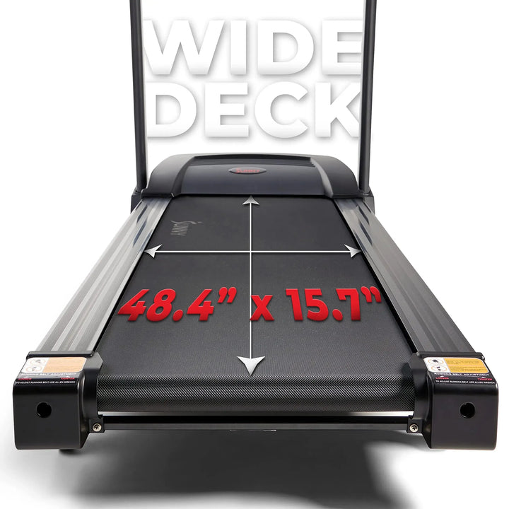 The Sunny Health & Fitness Premium Folding Treadmill features a sleek black running surface with 48.4 x 15.7 dimensions highlighted by white arrows and red text, and prominently displays WIDE DECK in large white letters to emphasize its spacious design.