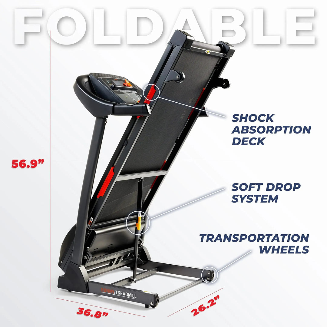 The Sunny Health & Fitness Premium Folding Treadmill features a shock absorption deck, soft drop system, and transport wheels. It measures 56.9 H x 36.8 L x 26.2 W, optimizing space without compromising performance for enhanced home fitness routines.