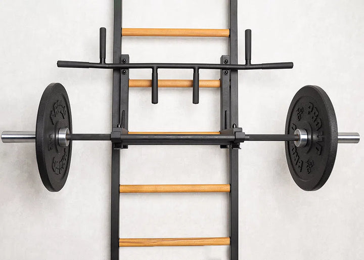 Check out the BenchK Pro Gym Wall Bars w/ Bench, Dip & Flex Pull-Up Bar (733) by BenchK. This multifunctional equipment features black grip pull-up bars and barbell weight plates, mounted on light brown wooden rungs to complement any light-colored wall.