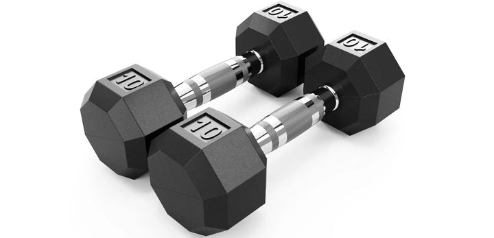 Two 10 kg hexagonal black dumbbells with grooved metal handles rest parallel on a white background. Part of the VTX Rubber Octagon Dumbbell Set, they ensure precision and reduce noise during workouts.