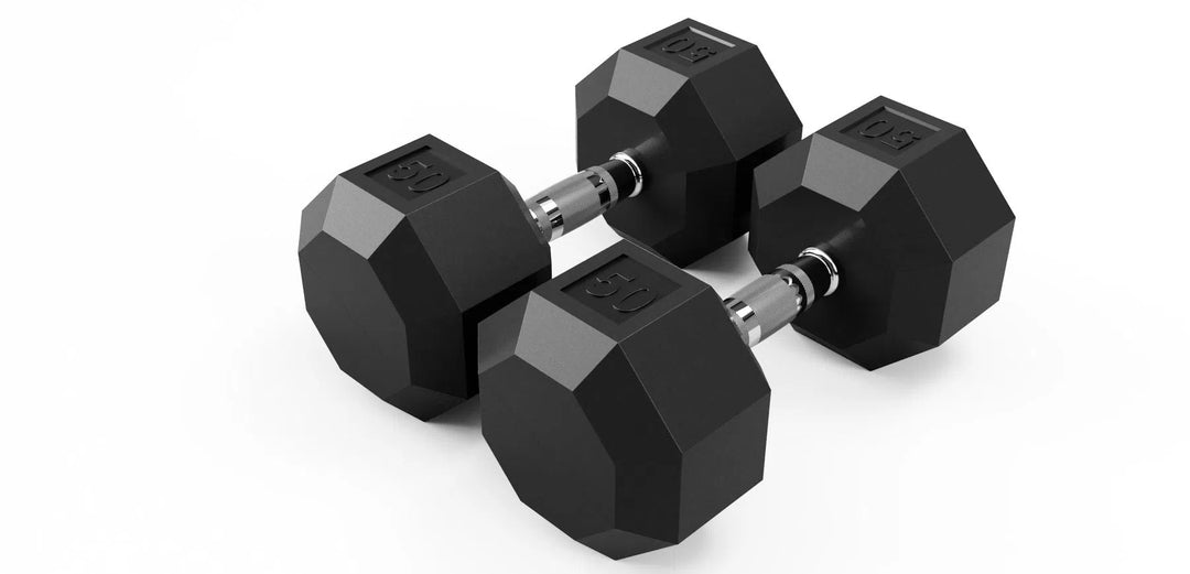 The VTX Rubber Octagon Dumbbell Set features two 50 lb black-headed dumbbells with metallic handles on a white background, highlighting their durable design and noise reduction, ideal for any workout area.