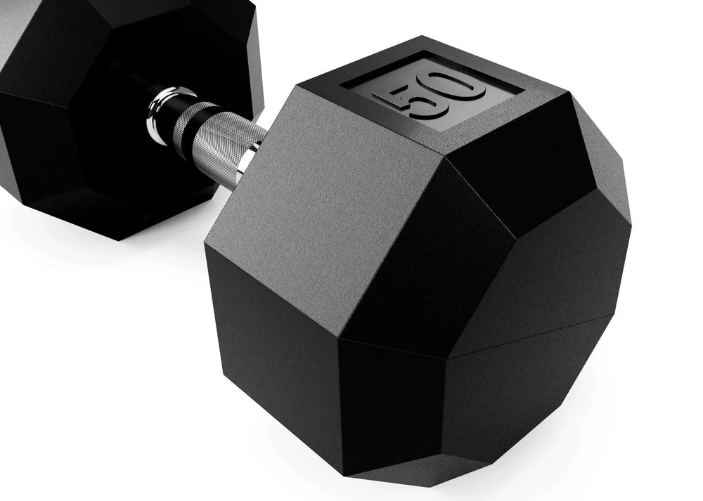 Close-up of a VTX Rubber Octagon Dumbbell from the VTX set. It features the number 50 embossed on top and a textured grip handle on a white background for noise reduction during workouts.