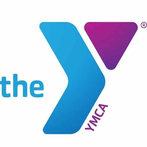 The image displays the YMCA logo with a stylized blue Y shape followed by the text the in blue. A purple triangular shape complements the design with YMCA written on it.