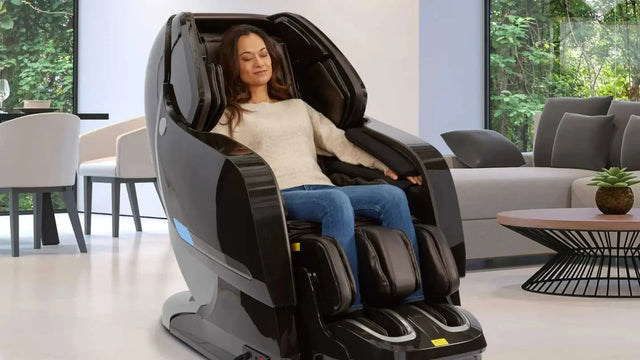 A full body massage chair reclined in a living room, the subject of an honest look at which claimed massage chair benefits actually hold up.