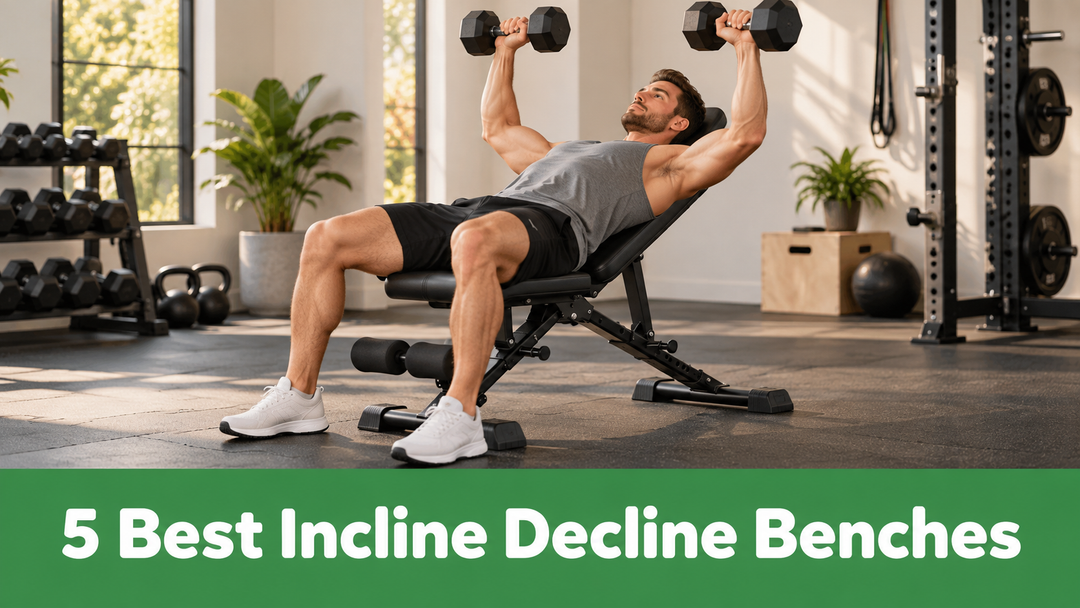 A lifter performs an incline dumbbell press on an adjustable bench in a home gym. Text reads 5 Best Incline Decline Benches.