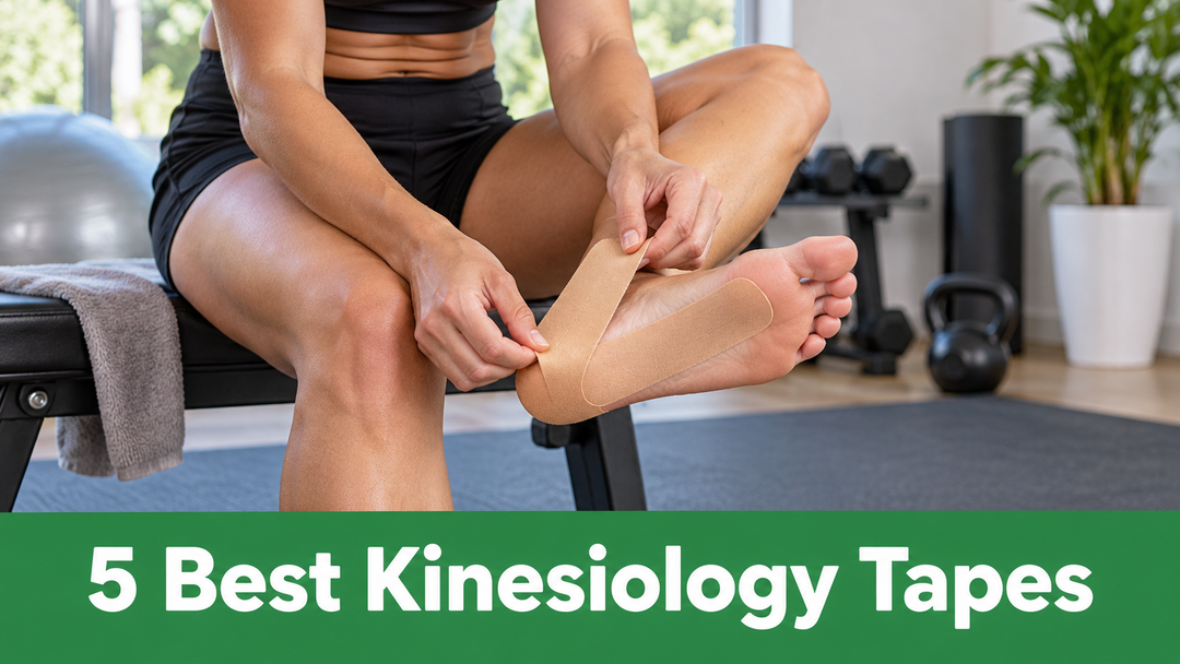 An athlete applies kinesiology tape along the heel and arch of a foot. Text reads 5 Best Kinesiology Tapes.