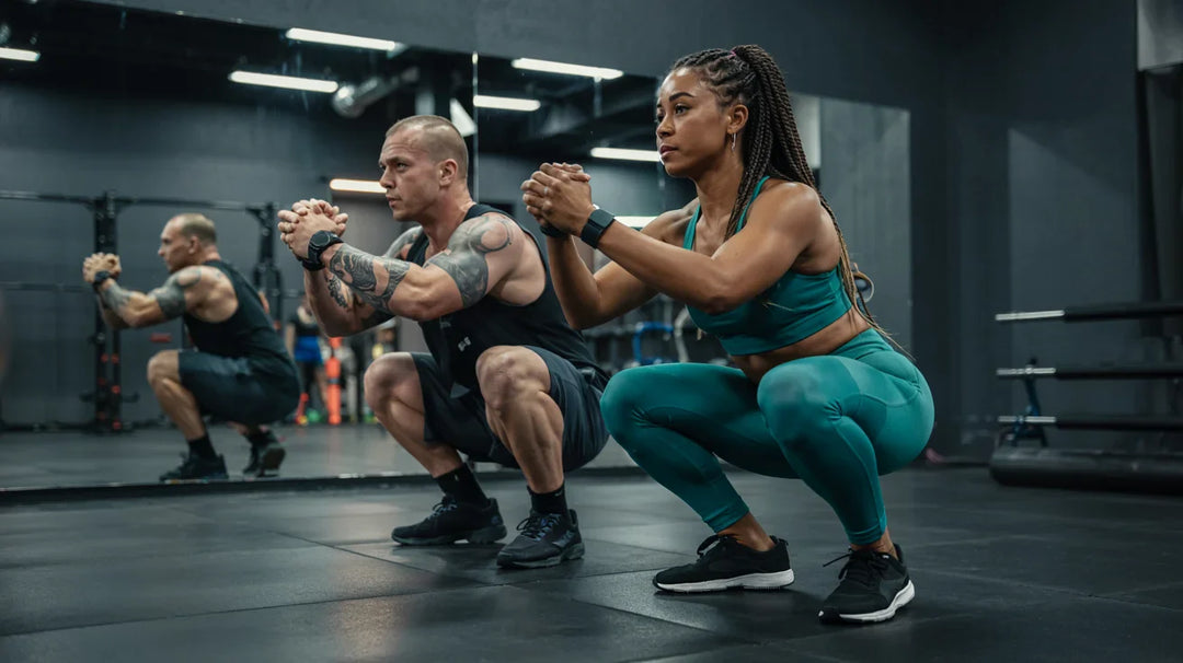 A man and a woman in athletic wear perform squats side by side in a gym, focusing on form. Both have their hands clasped in front of them, with gym equipment visible in the background.