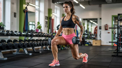 A woman in athletic wear performs a lunge with dumbbells in a gym, surrounded by weights and fitness equipment. She appears focused and strong.