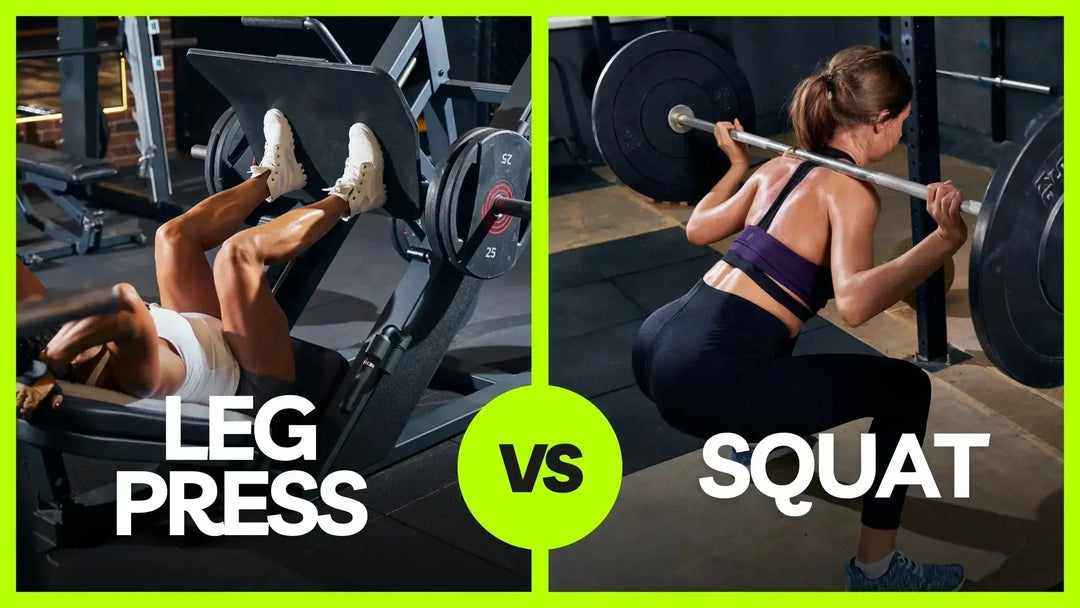 Split image comparing leg press and squat exercises. On the left, a person on a leg press machine, and on the right, a person performing a barbell squat. Text: LEG PRESS VS SQUAT in bold white letters.