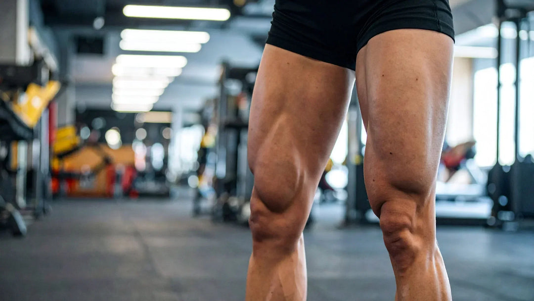 Close-up of a person’s muscular legs in shorts standing in a gym, with exercise equipment and weights visible in the blurred background.