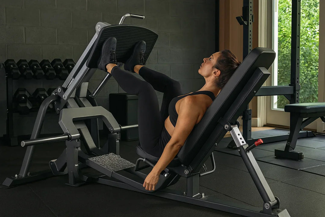 A woman wearing black athletic wear is using a leg press machine in a gym, pressing up a weighted platform with her feet while lying on a padded bench. There are dumbbells and gym equipment in the background.